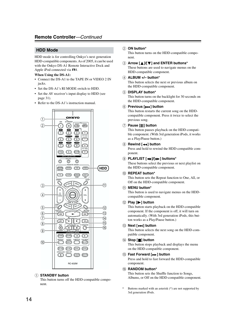 Remote controller —continued, Hdd mode | Onkyo TX-SR573 User Manual | Page 14 / 79
