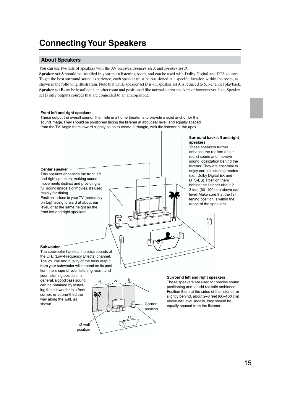 Connections, Speakers, Connecting your speakers | Onkyo TX-SR573 User Manual | Page 15 / 79