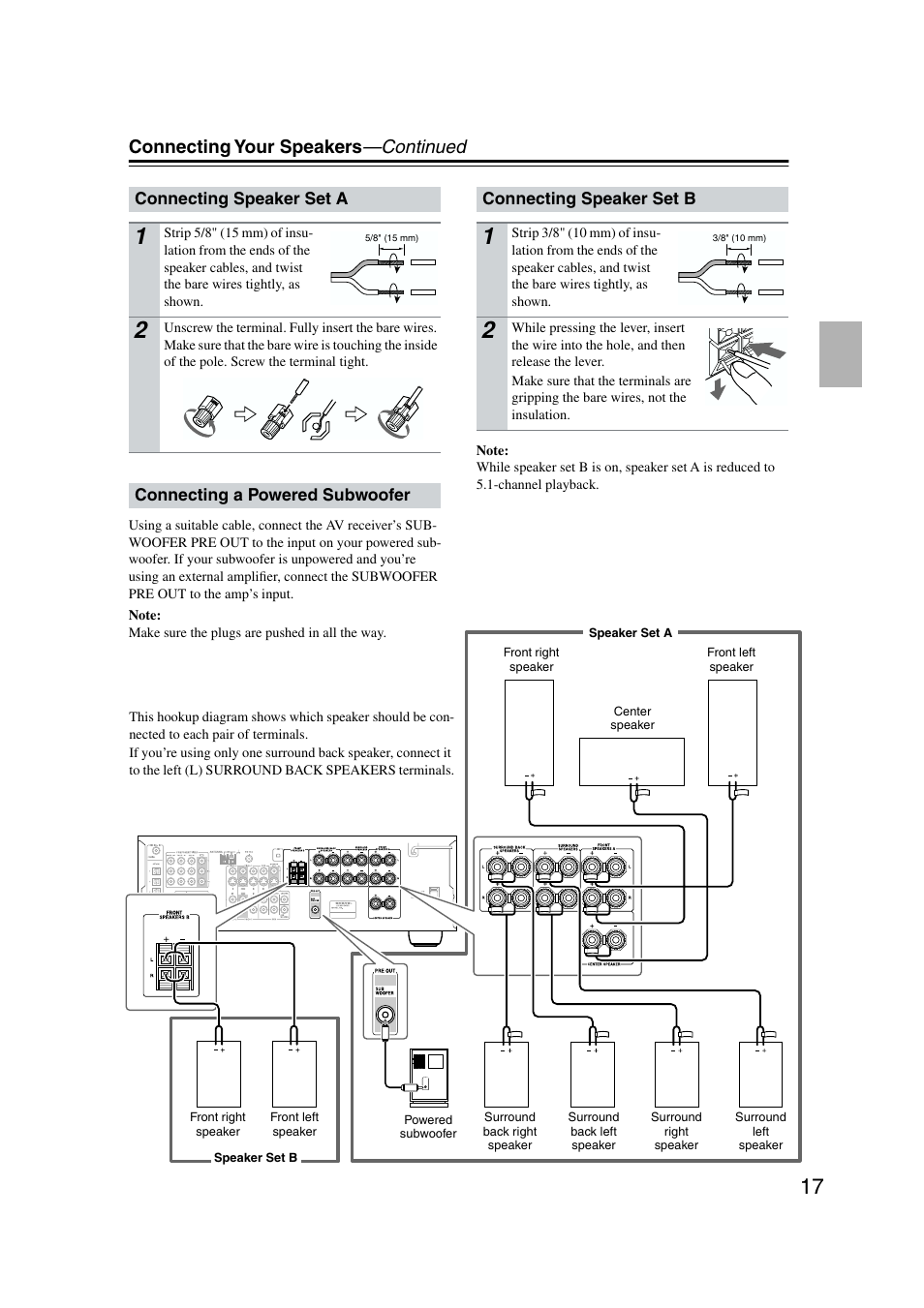 Powered subwoofer, Connecting your speakers —continued | Onkyo TX-SR573 User Manual | Page 17 / 79