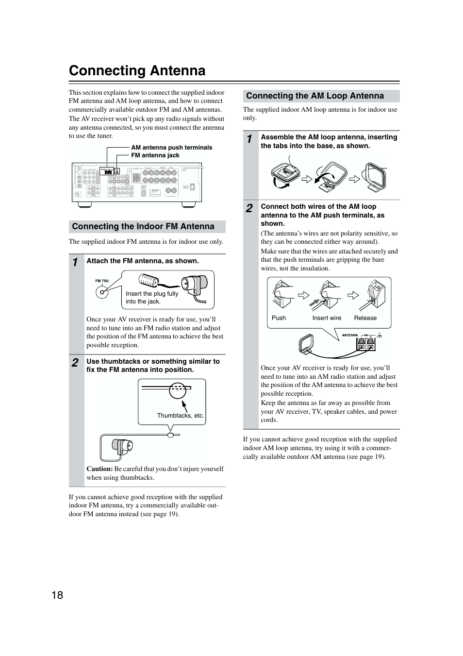 Antennas, Connecting antenna | Onkyo TX-SR573 User Manual | Page 18 / 79