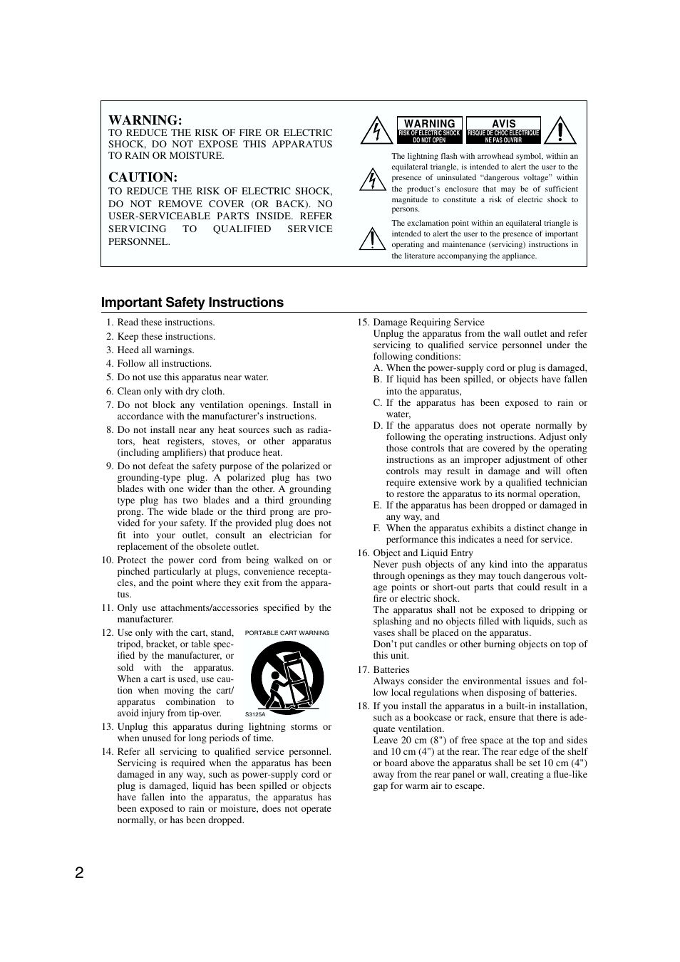 Important safety instructions, Warning, Caution | Onkyo TX-SR573 User Manual | Page 2 / 79