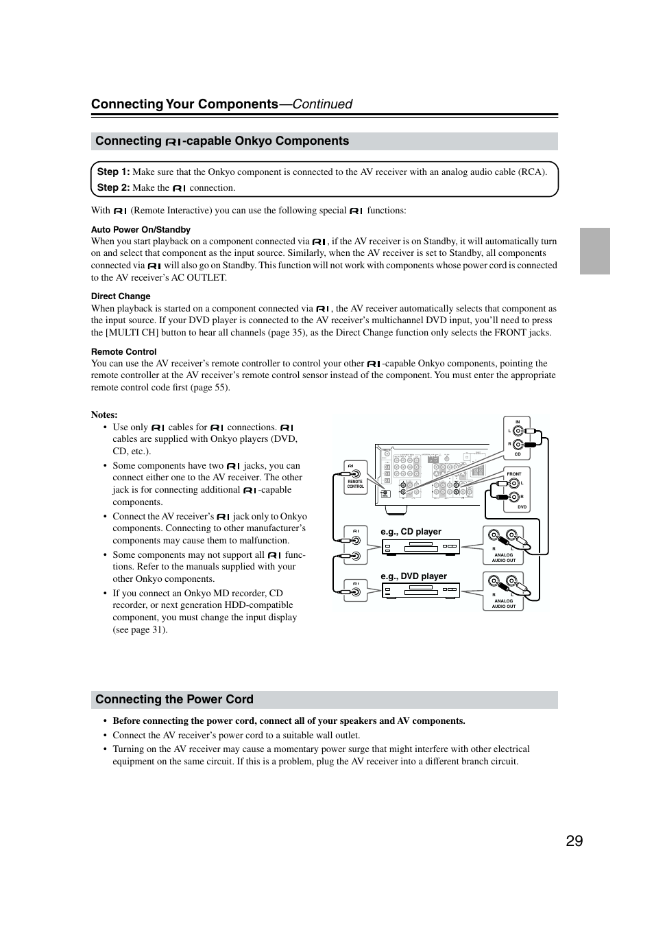 Connecting ri-capable onkyo components, Connecting your components —continued, Connecting -capable onkyo components | Connecting the power cord | Onkyo TX-SR573 User Manual | Page 29 / 79