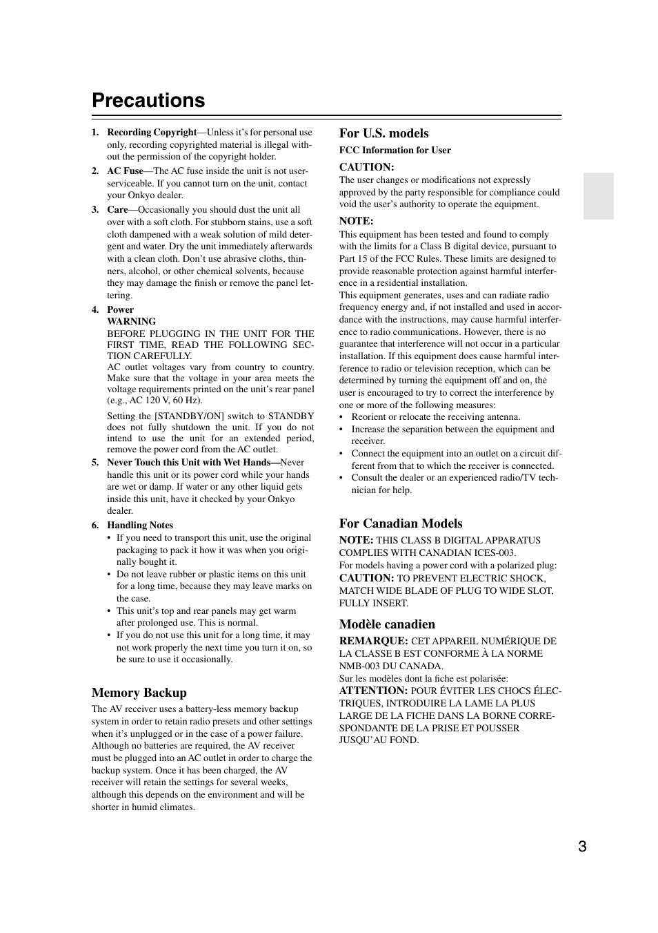 Precautions, For u.s. models, For canadian models | Modèle canadien | Onkyo TX-SR573 User Manual | Page 3 / 79