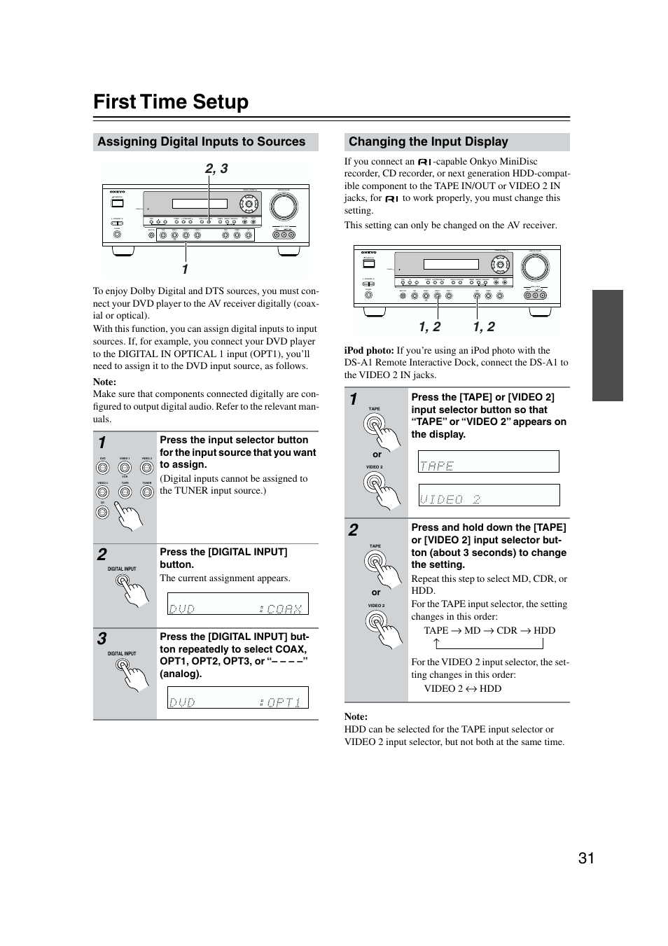 Initial setup, First time setup | Onkyo TX-SR573 User Manual | Page 31 / 79