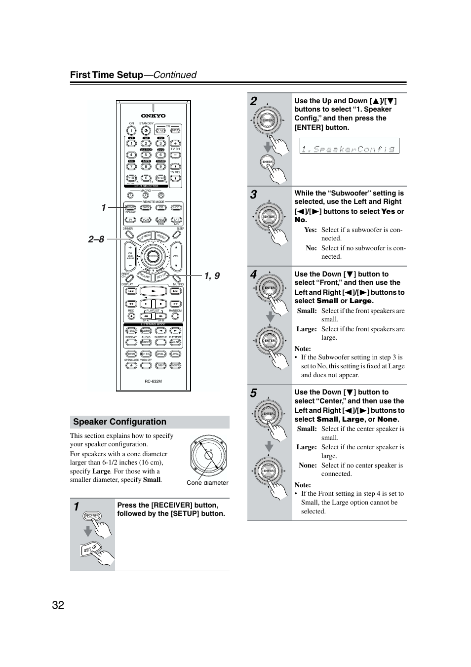 First time setup —continued, Speaker conﬁguration | Onkyo TX-SR573 User Manual | Page 32 / 79
