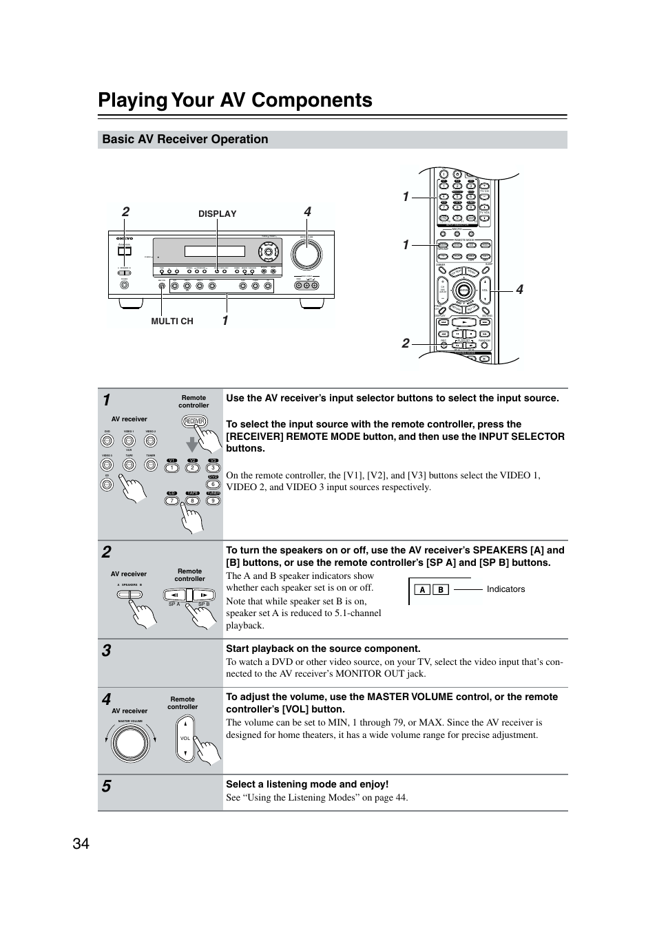 Selecting the input, Basic operation, Speaker a / b | Playing your av components, Basic av receiver operation, Standby, Display multi ch, Indicators | Onkyo TX-SR573 User Manual | Page 34 / 79