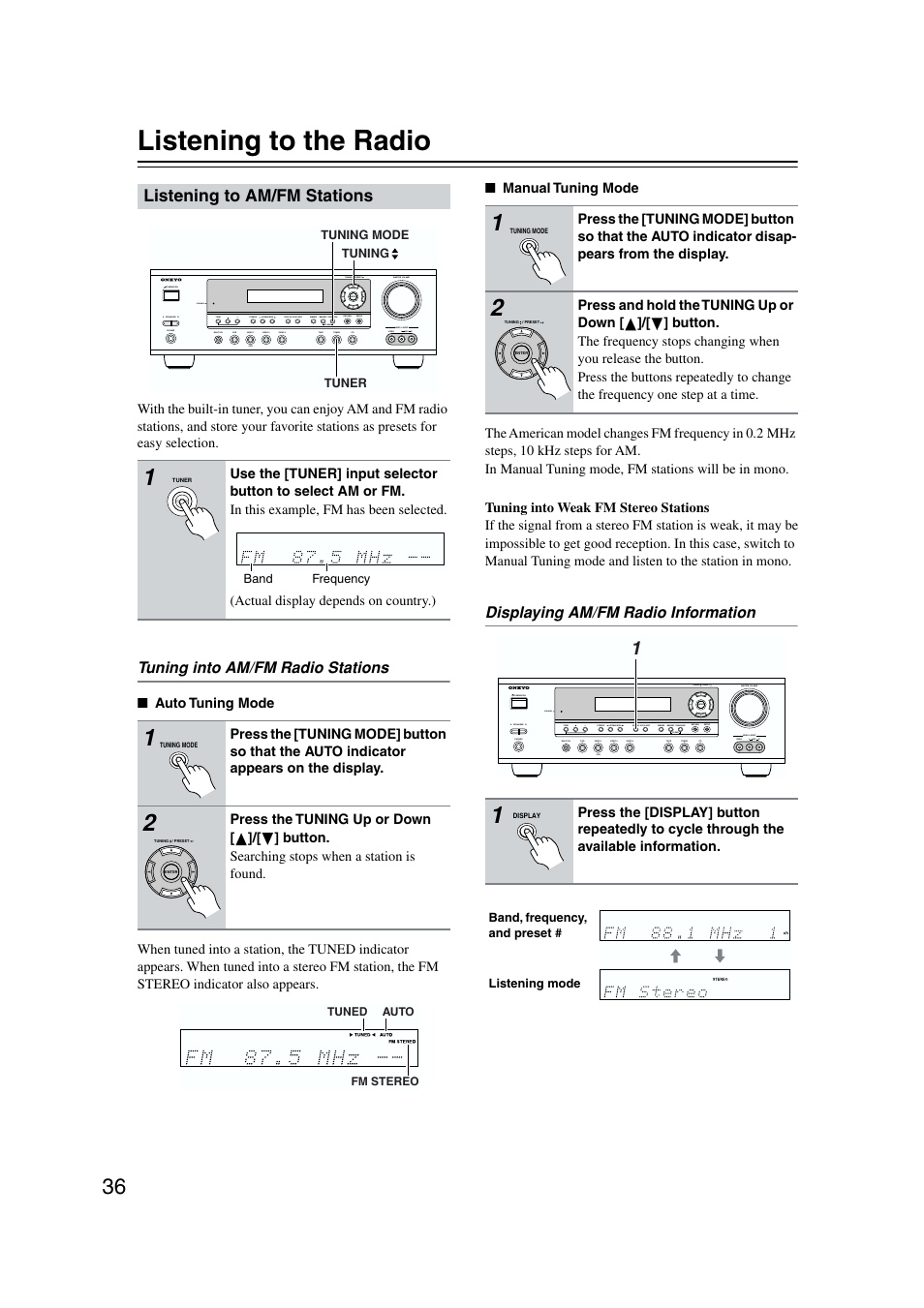 Listening to the radio | Onkyo TX-SR573 User Manual | Page 36 / 79
