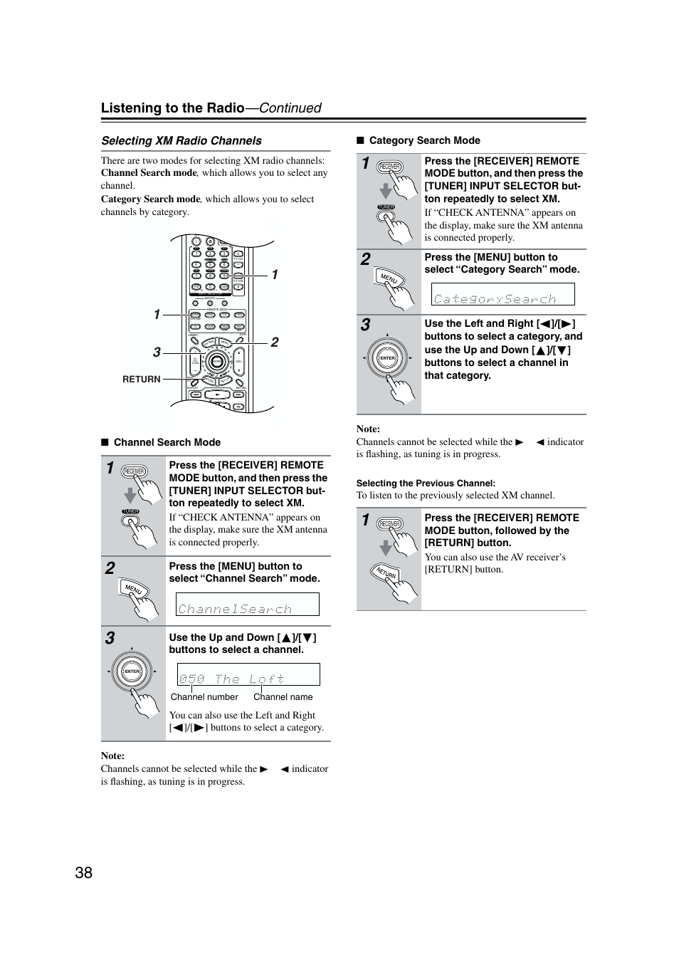 Listening to the radio —continued, Selecting xm radio channels, Selecting the previous channel | Return, Channel name channel number | Onkyo TX-SR573 User Manual | Page 38 / 79