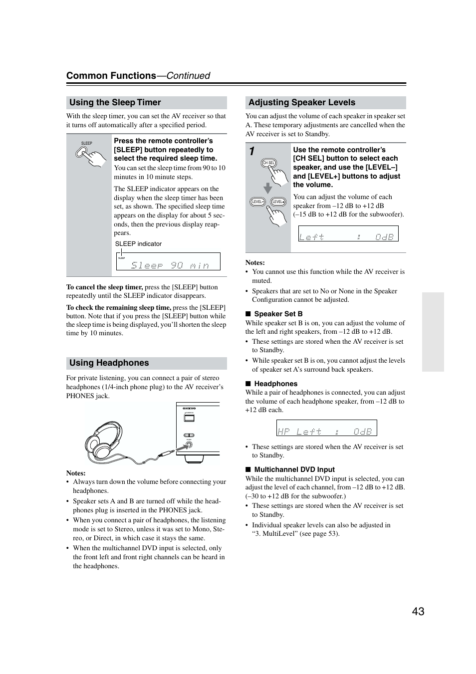 Sleep timer, Using headphones, Speaker levels | Common functions —continued, Using the sleep timer, Adjusting speaker levels | Onkyo TX-SR573 User Manual | Page 43 / 79