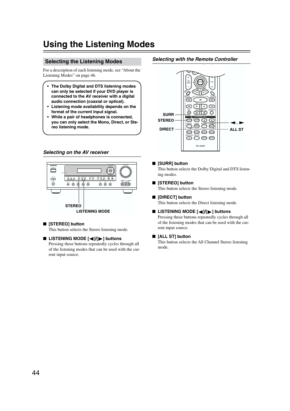 Listening modes, Selecting the listening modes, Using the listening modes | Selecting on the av receiver, Selecting with the remote controller | Onkyo TX-SR573 User Manual | Page 44 / 79