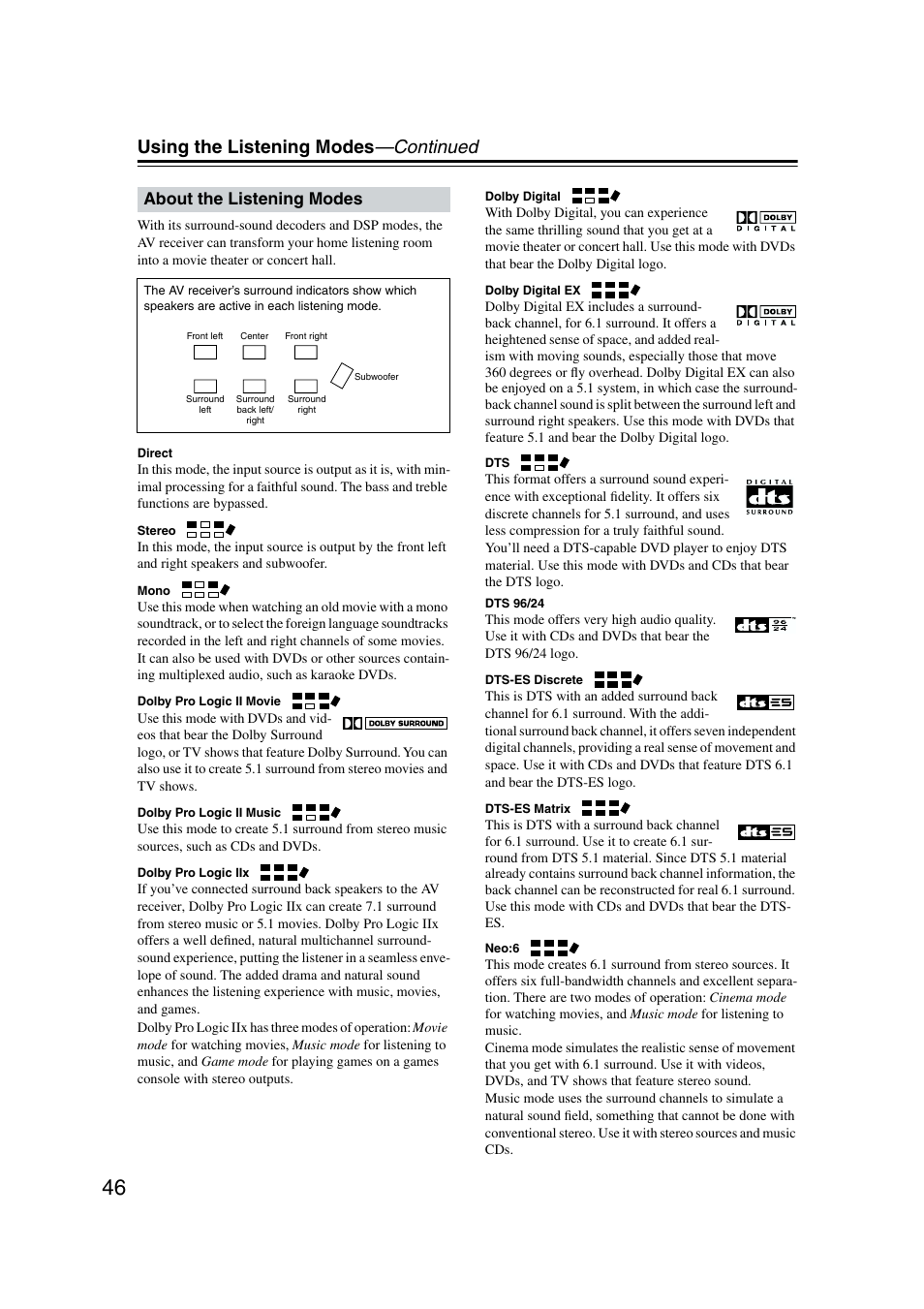 About the listening modes, Using the listening modes —continued | Onkyo TX-SR573 User Manual | Page 46 / 79
