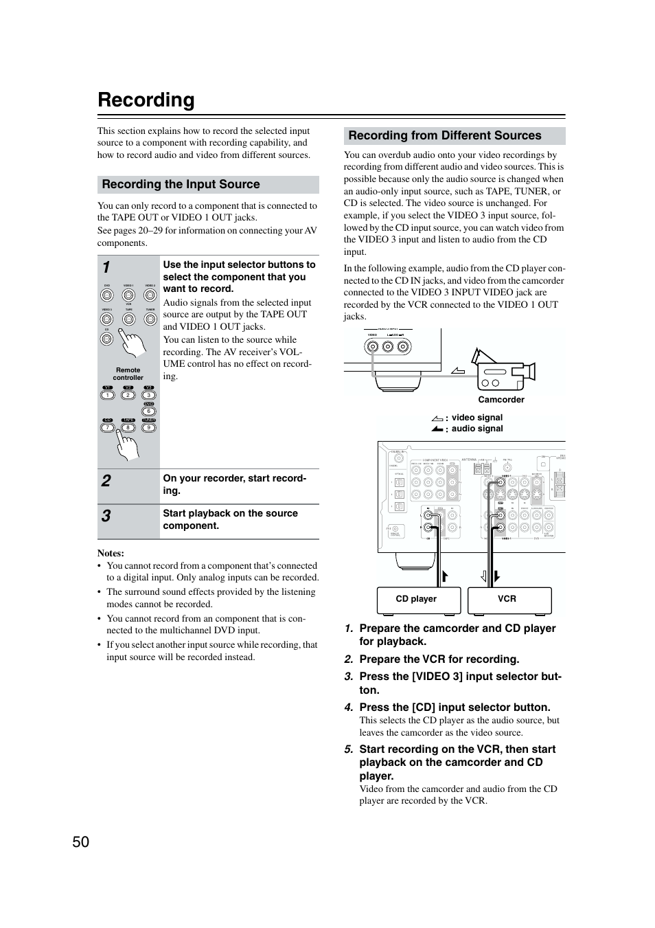 Advanced operation, Recording the input source, Recording from different sources | Recording | Onkyo TX-SR573 User Manual | Page 50 / 79