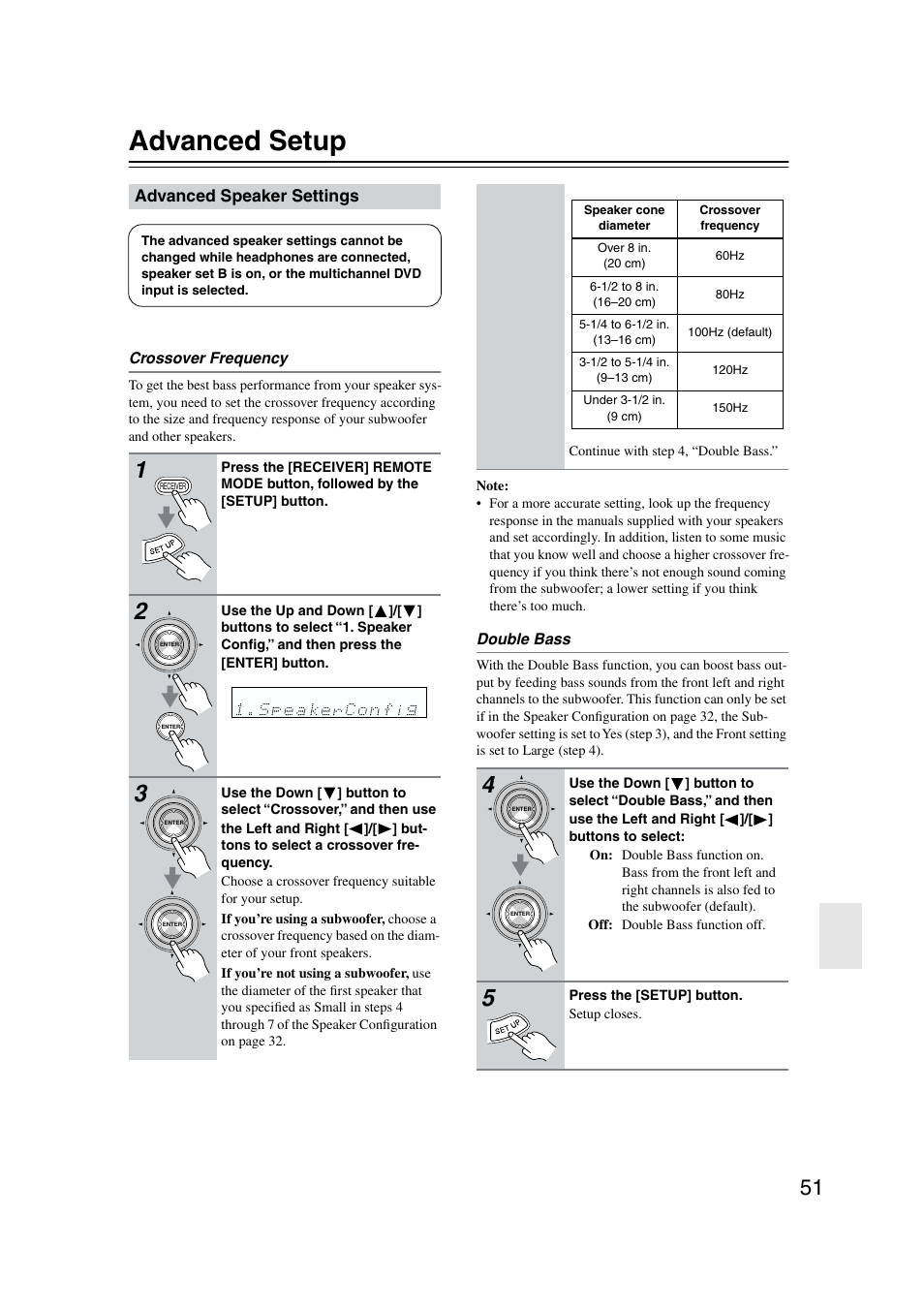 Advanced setup, Advanced speaker settings | Onkyo TX-SR573 User Manual | Page 51 / 79