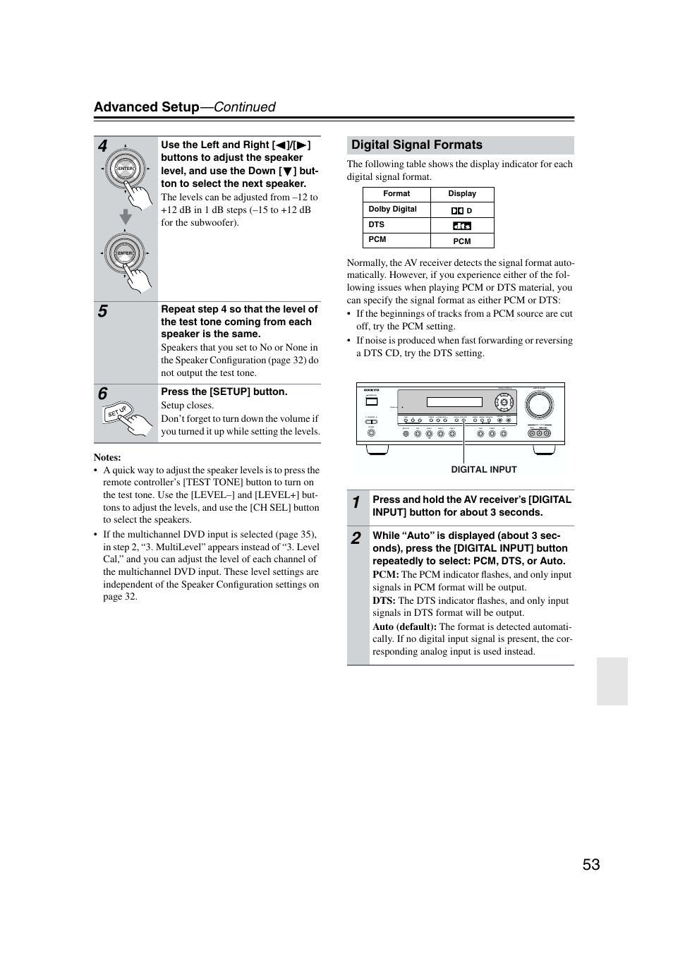 Digital signal formats, Advanced setup —continued | Onkyo TX-SR573 User Manual | Page 53 / 79