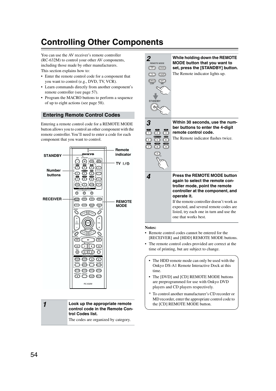 Programming the remote control, Entering remote control codes, Controlling other components | Onkyo TX-SR573 User Manual | Page 54 / 79