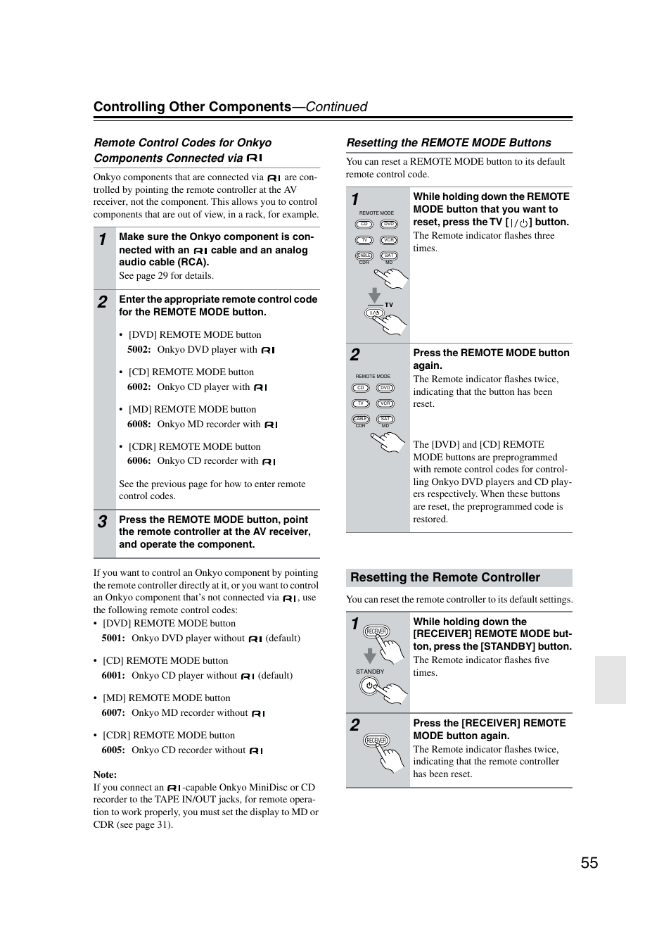Resetting the remote controller, Controlling other components —continued | Onkyo TX-SR573 User Manual | Page 55 / 79