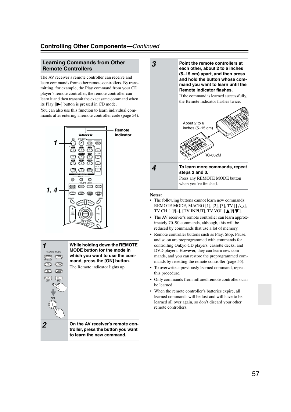 Learning commands, Controlling other components —continued, Learning commands from other remote controllers | Remote indicator | Onkyo TX-SR573 User Manual | Page 57 / 79
