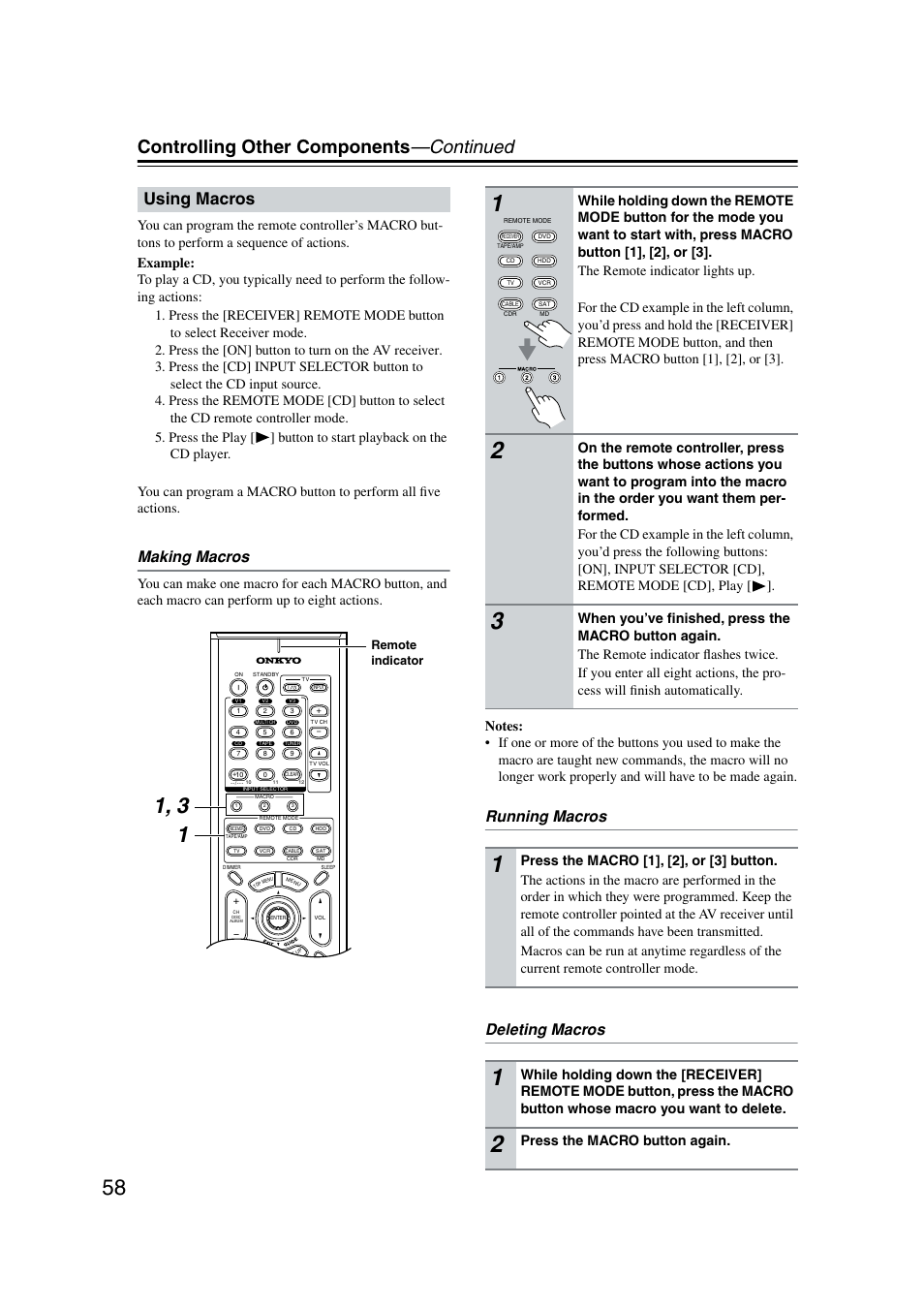 Using macros, Controlling other components —continued, Making macros | Running macros deleting macros, Press the macro button again | Onkyo TX-SR573 User Manual | Page 58 / 79