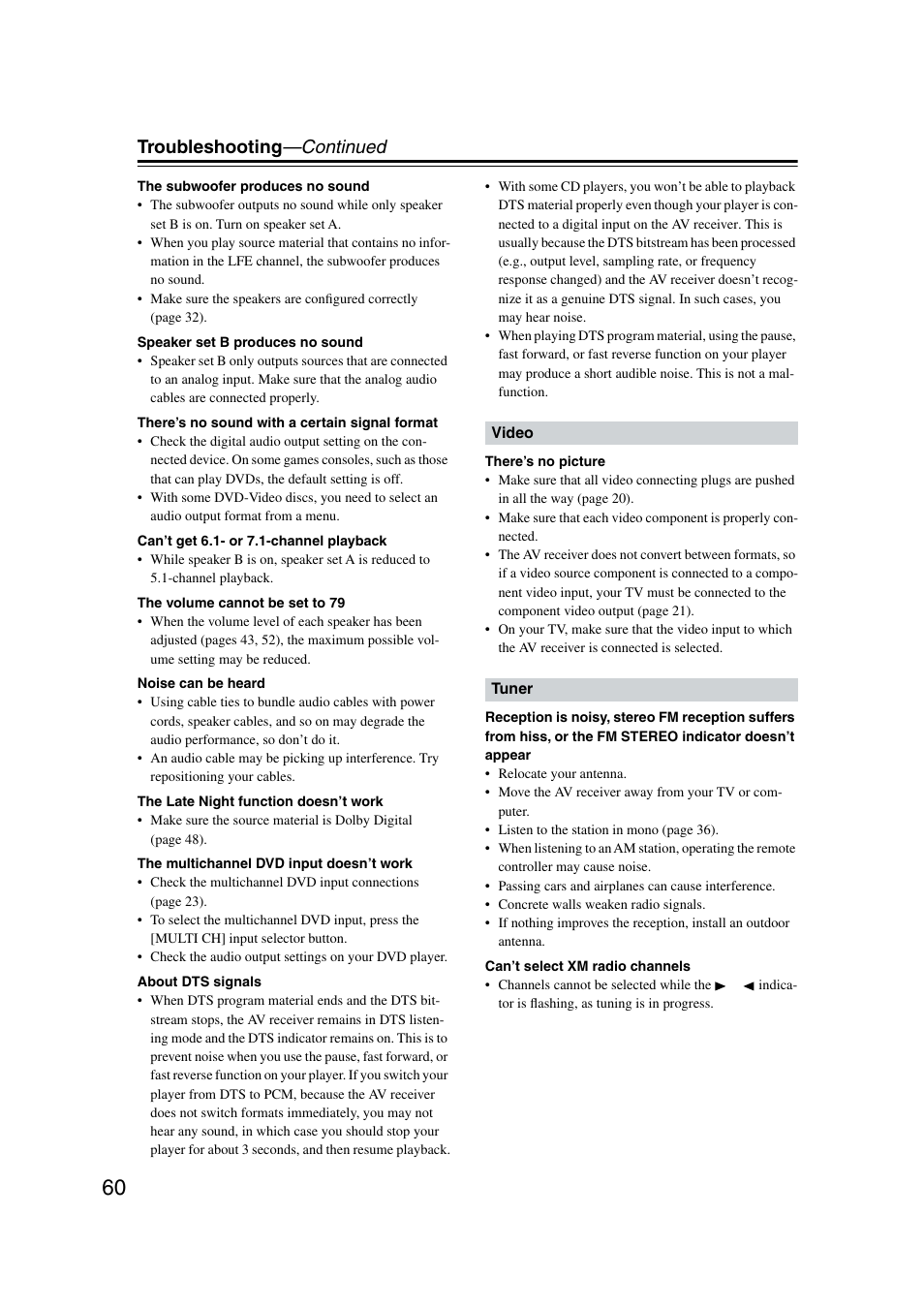 Troubleshooting —continued | Onkyo TX-SR573 User Manual | Page 60 / 79