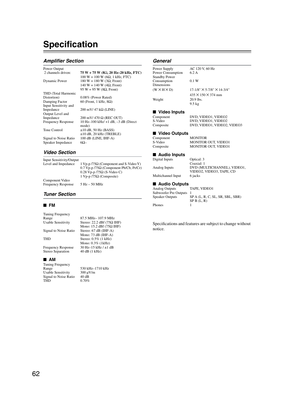 Specs, Speciﬁcation | Onkyo TX-SR573 User Manual | Page 62 / 79