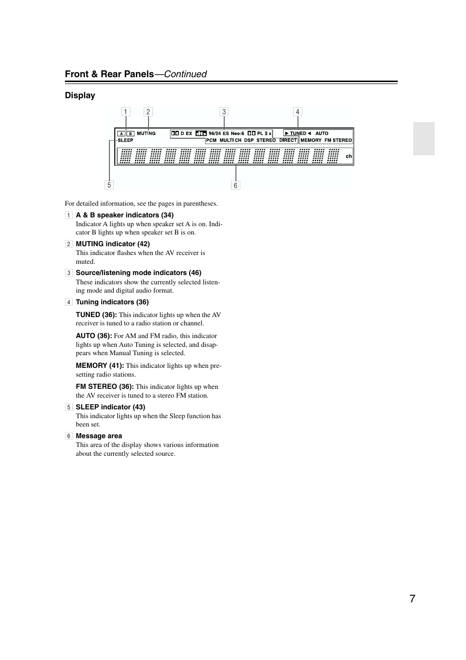 Front panel display | Onkyo TX-SR573 User Manual | Page 7 / 79