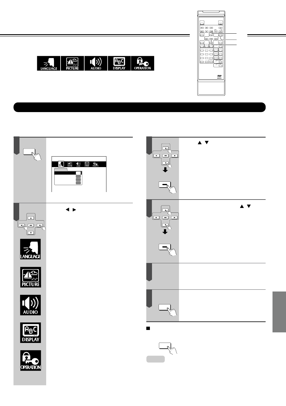 Customizing the function settings, Setting procedure, Function setup | Press setup during stop, Press setup, The following on-screen display appears | Onkyo DV-S525 User Manual | Page 31 / 44