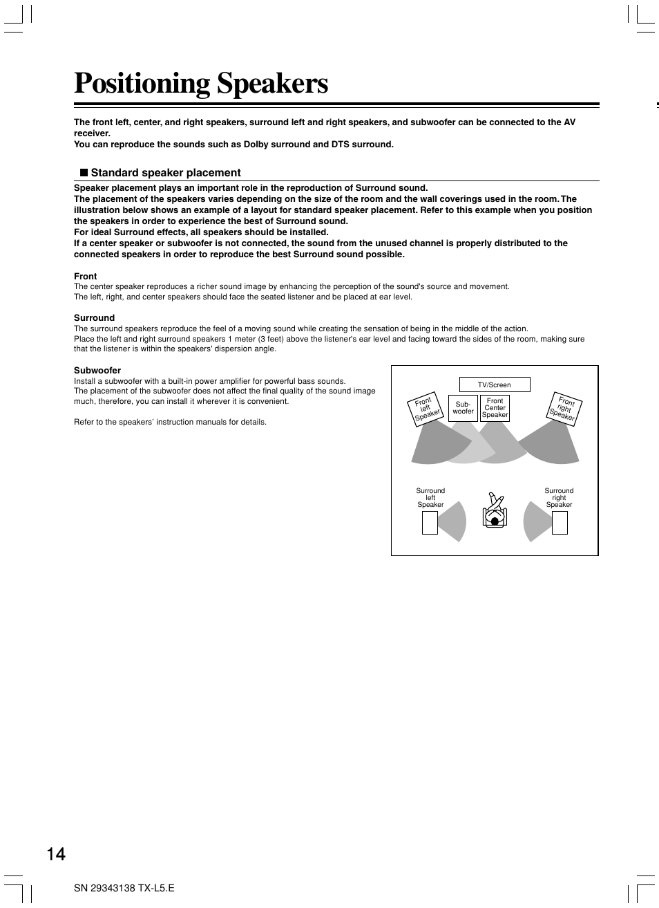Positioning speakers | Onkyo TX-L5 User Manual | Page 14 / 40