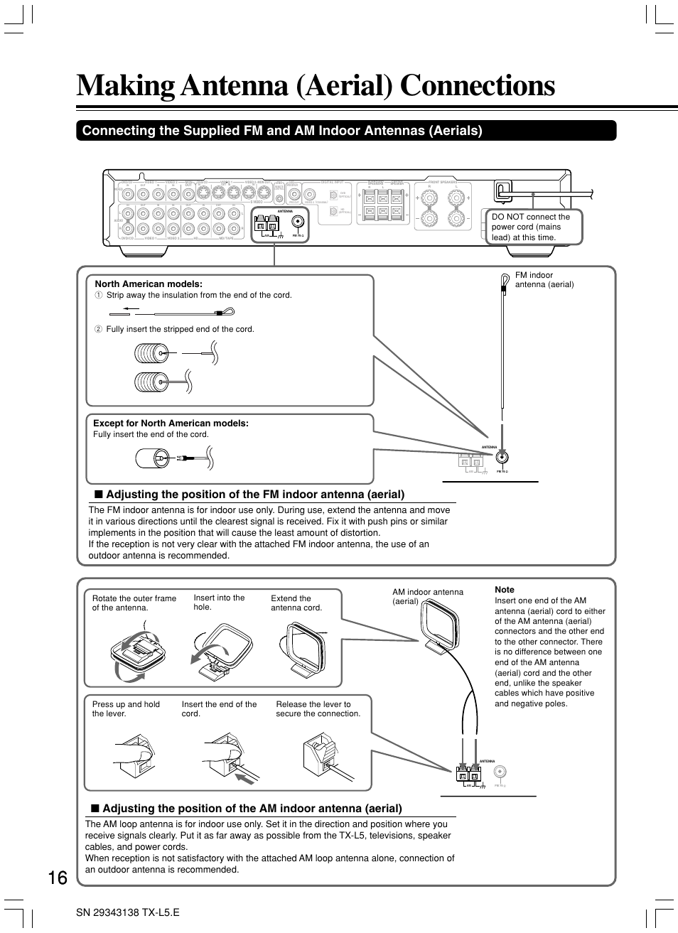 Making antenna (aerial) connections, North american models, Except for north american models | Fully insert the end of the cord, Am indoor antenna (aerial) | Onkyo TX-L5 User Manual | Page 16 / 40