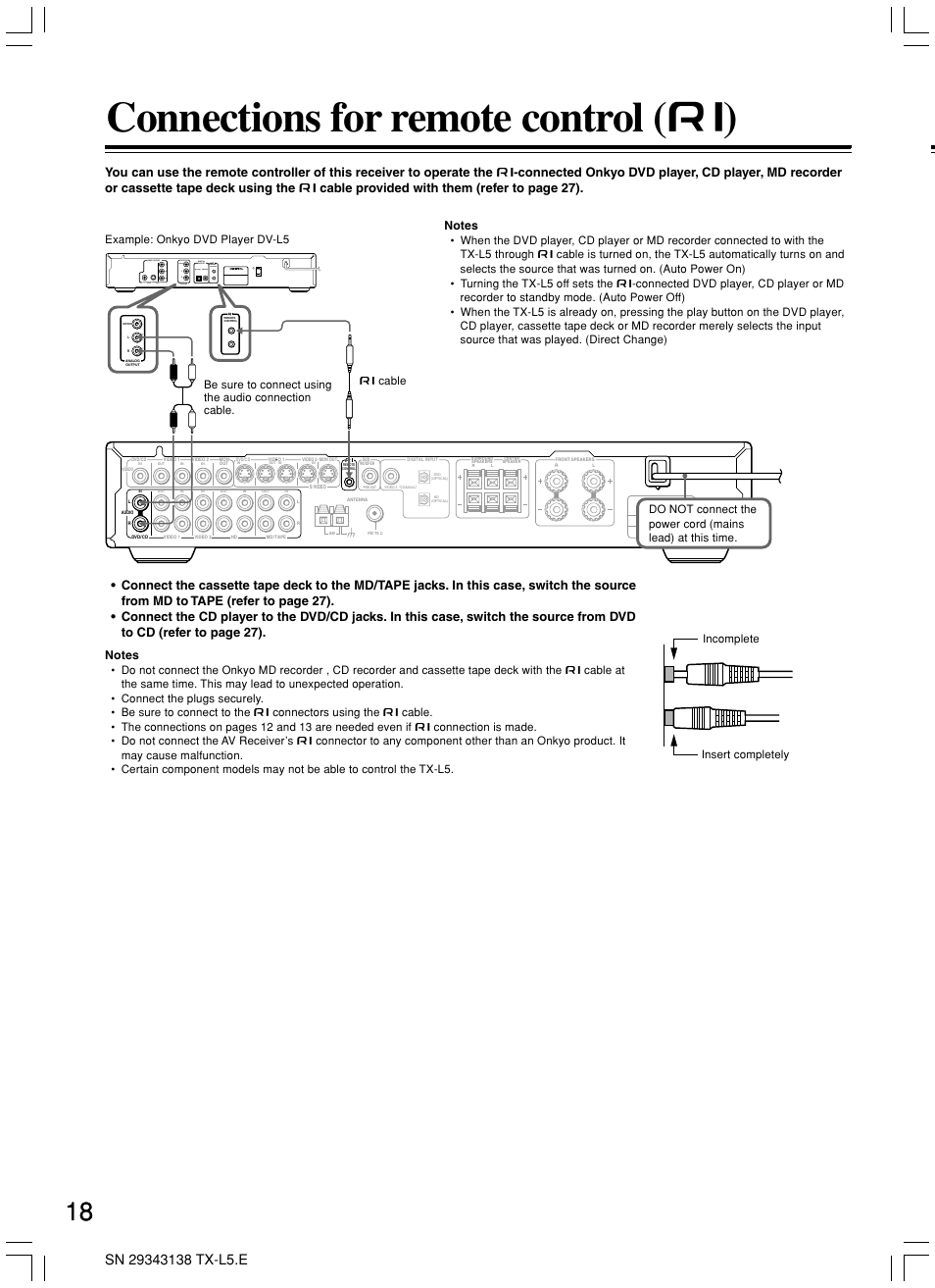 Connections for remote control ( z ) | Onkyo TX-L5 User Manual | Page 18 / 40