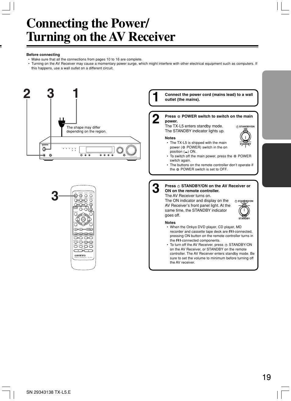 Connecting the power/ turning on the av receiver | Onkyo TX-L5 User Manual | Page 19 / 40