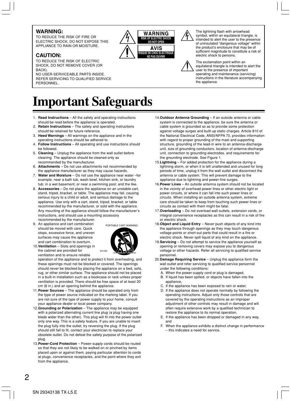 Important safeguards, Warning, Caution | Avis | Onkyo TX-L5 User Manual | Page 2 / 40