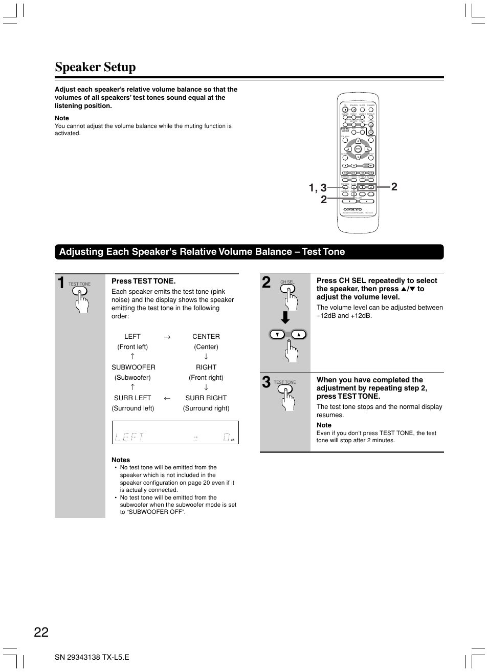 Speaker setup, Press test tone | Onkyo TX-L5 User Manual | Page 22 / 40