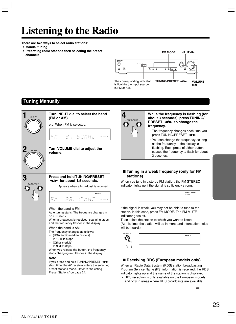 Listening to the radio, Tuning manually | Onkyo TX-L5 User Manual | Page 23 / 40