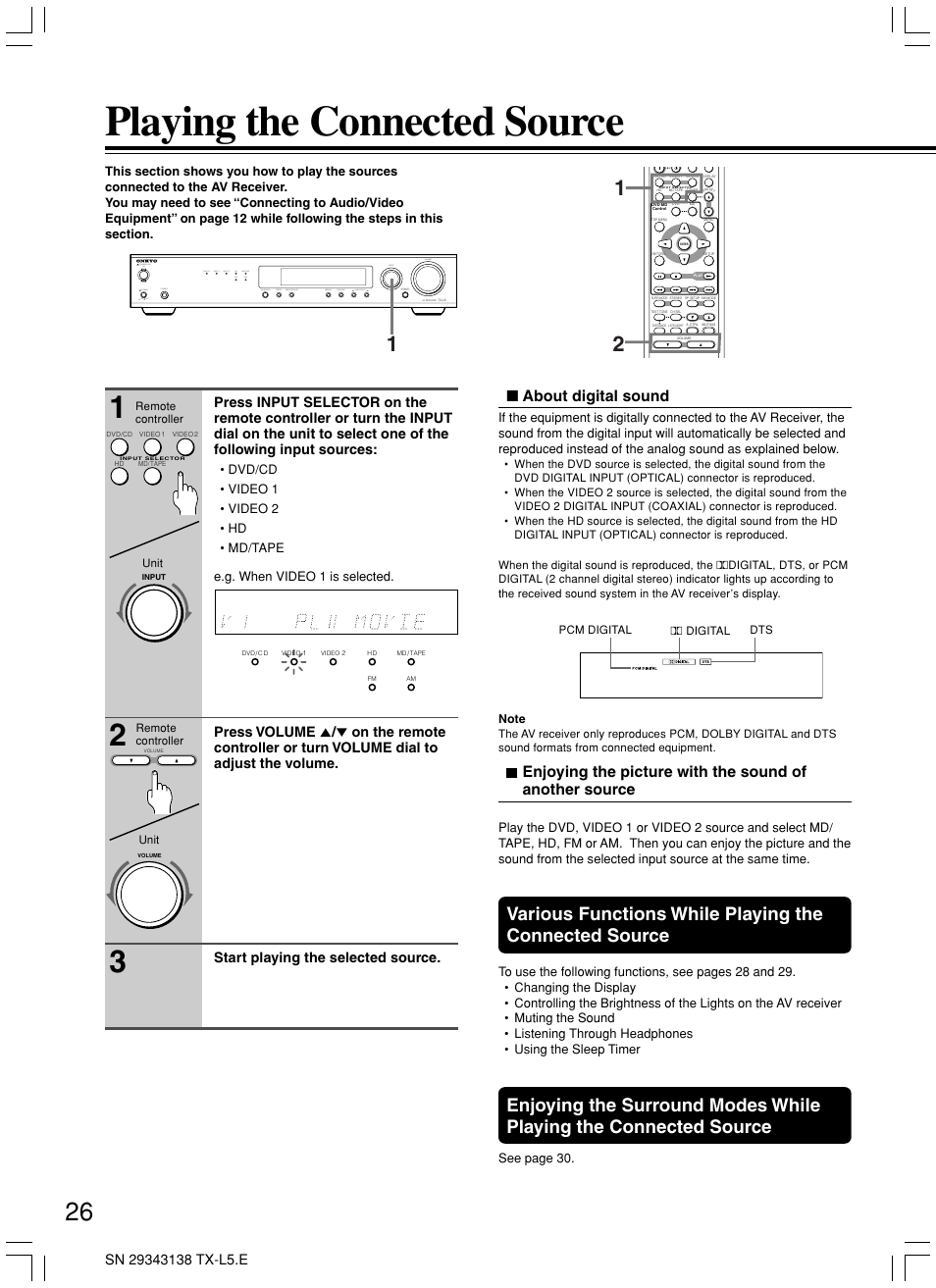 Playing the connected source, About digital sound | Onkyo TX-L5 User Manual | Page 26 / 40
