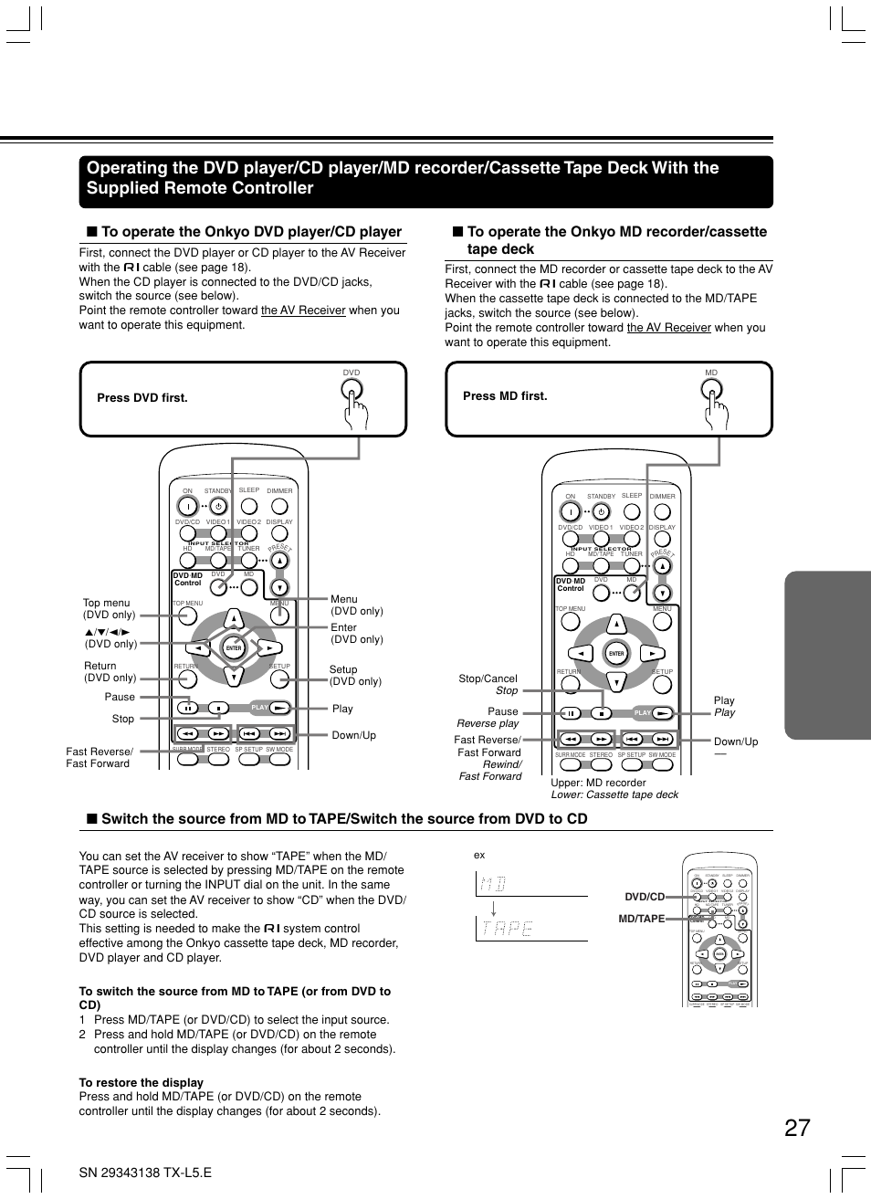 Fast reverse/ fast forward, Dvd/cd md/tape ex | Onkyo TX-L5 User Manual | Page 27 / 40