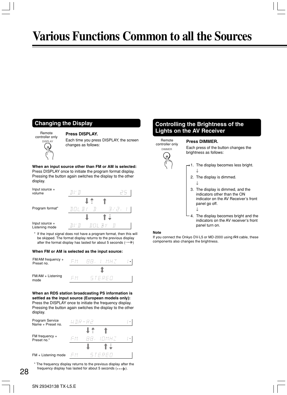 Various functions common to all the sources, Changing the display | Onkyo TX-L5 User Manual | Page 28 / 40