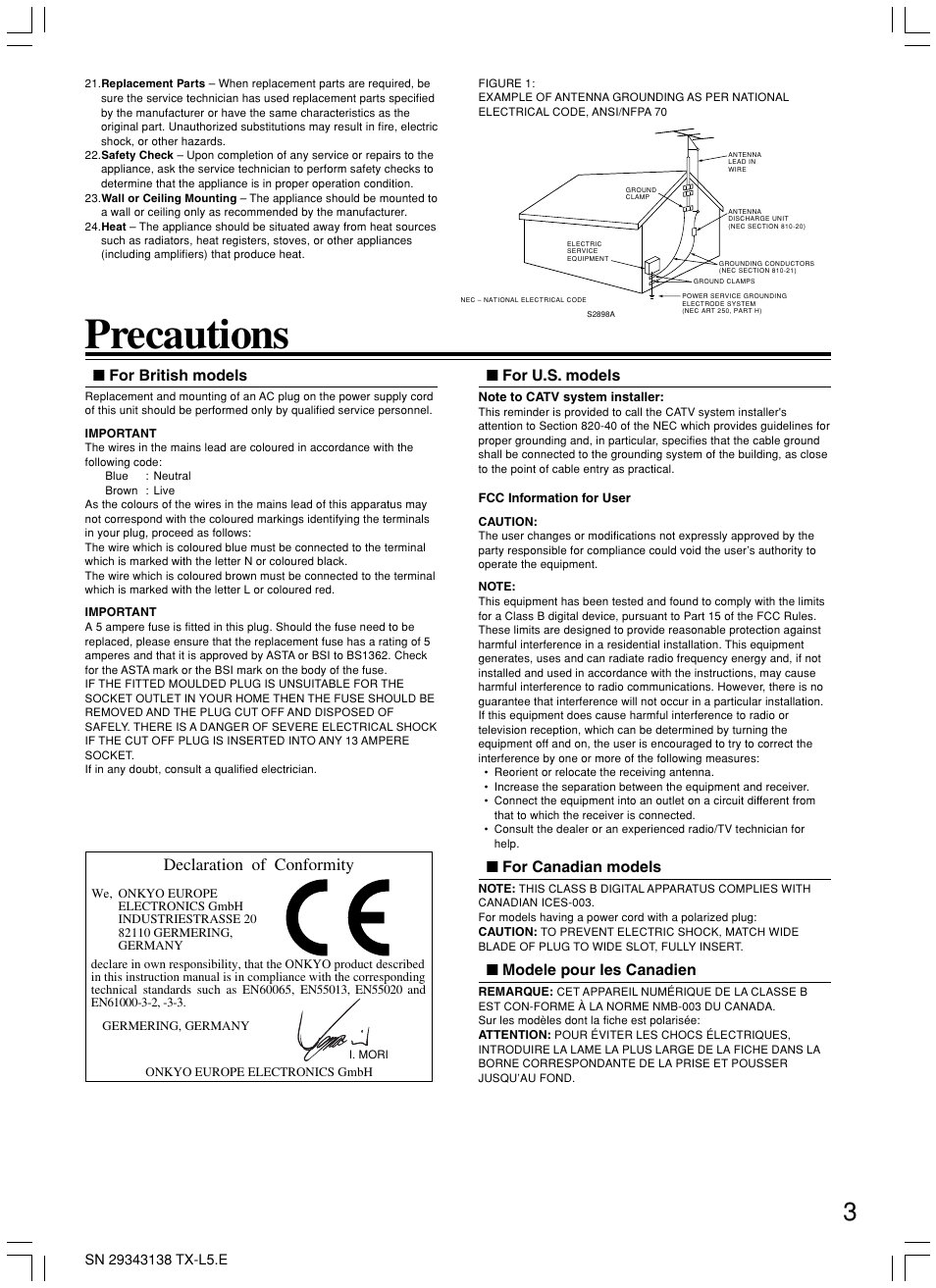 Precautions, Declaration of conformity | Onkyo TX-L5 User Manual | Page 3 / 40