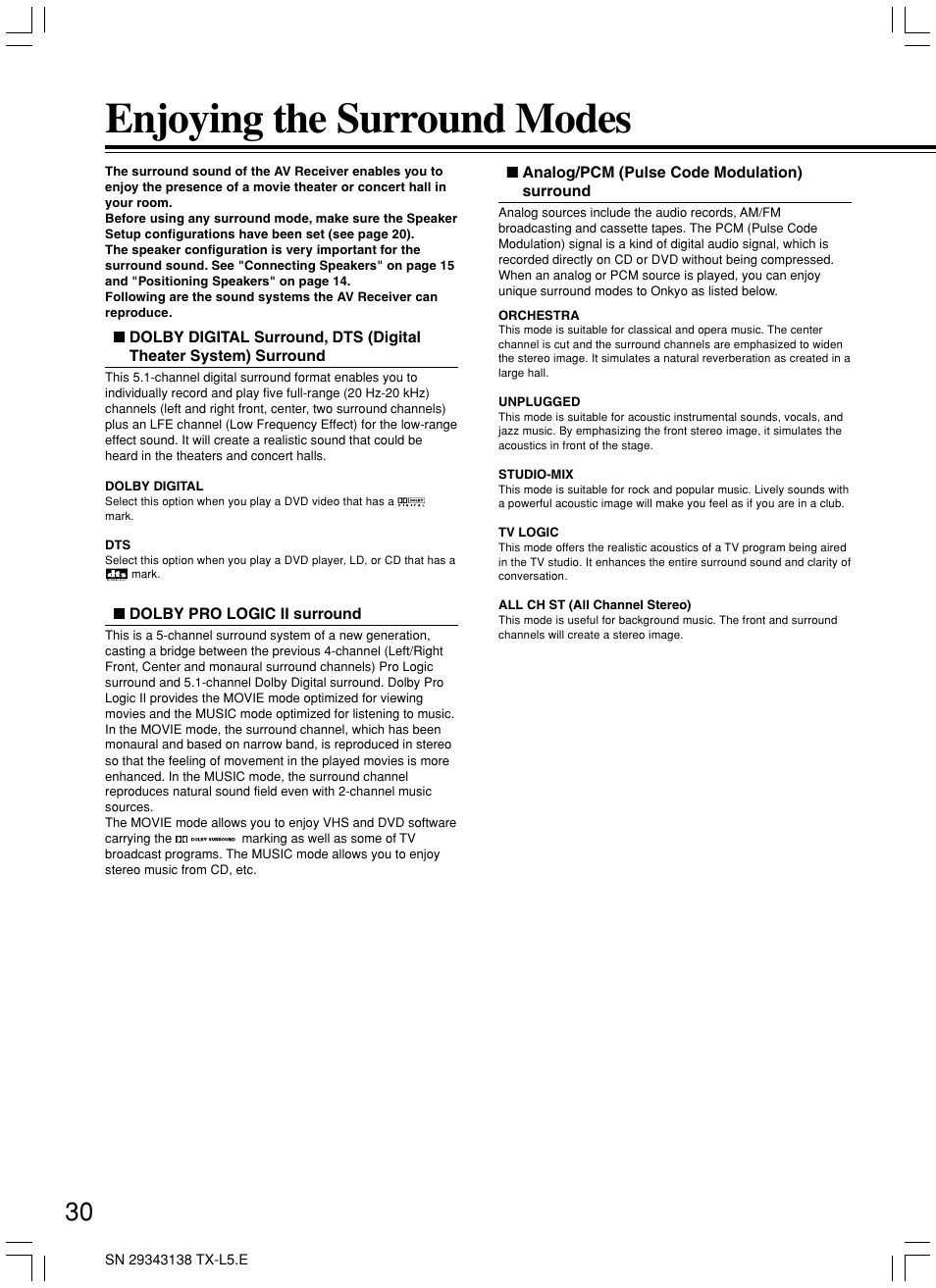 Enjoying the surround modes | Onkyo TX-L5 User Manual | Page 30 / 40