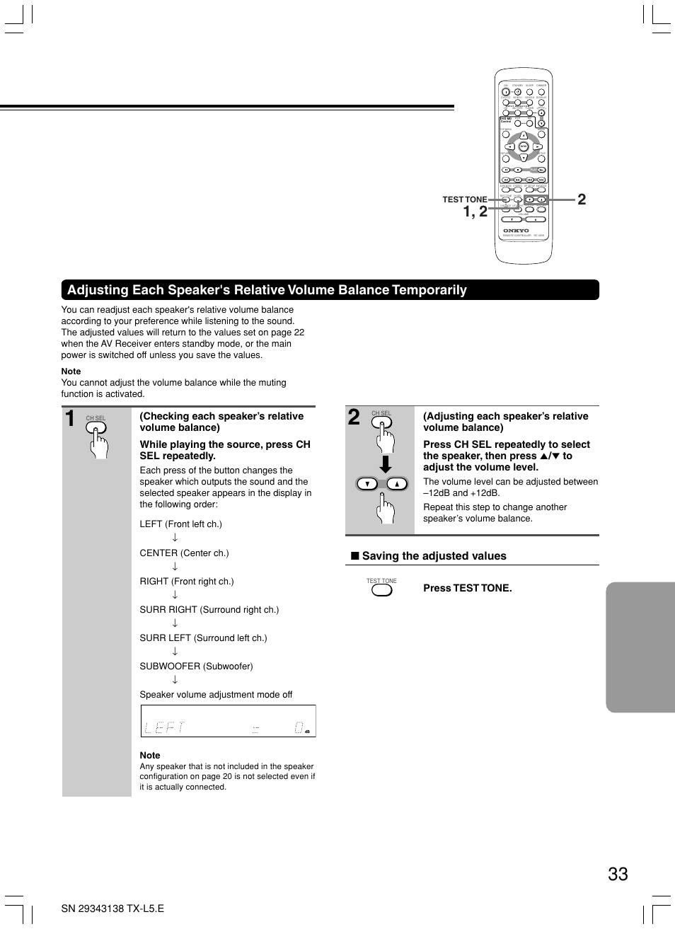 Saving the adjusted values, Press test tone | Onkyo TX-L5 User Manual | Page 33 / 40