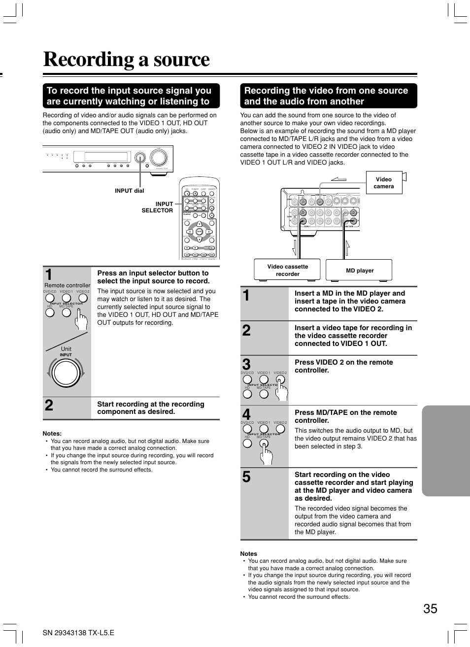 Recording a source | Onkyo TX-L5 User Manual | Page 35 / 40
