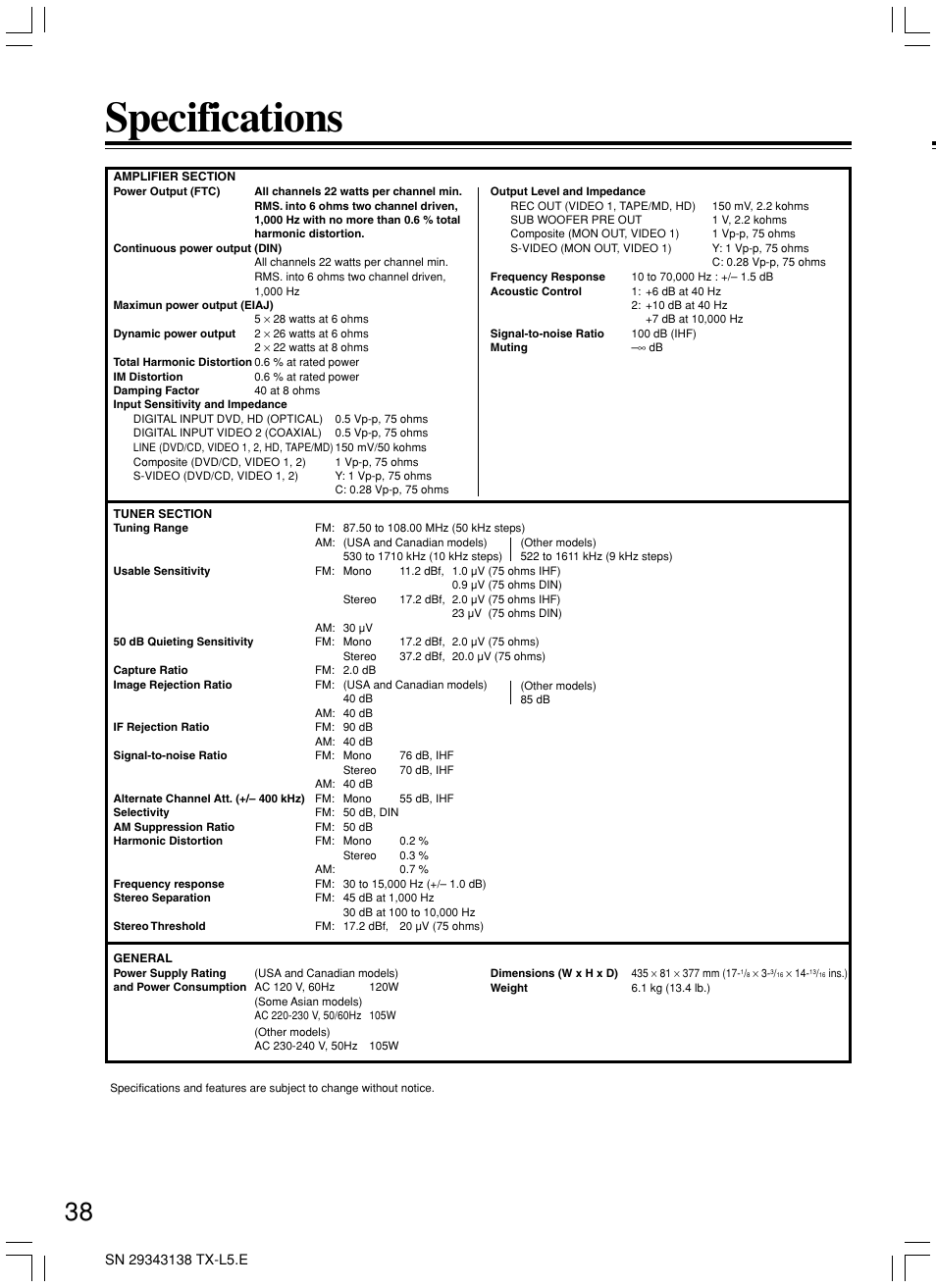 Specifications | Onkyo TX-L5 User Manual | Page 38 / 40