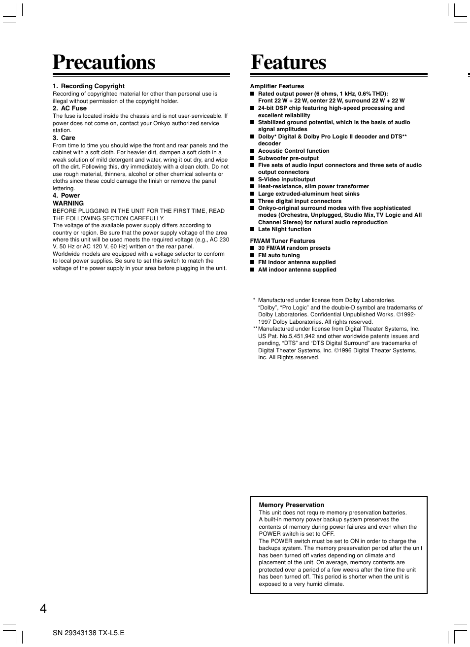 Features, Precautions | Onkyo TX-L5 User Manual | Page 4 / 40