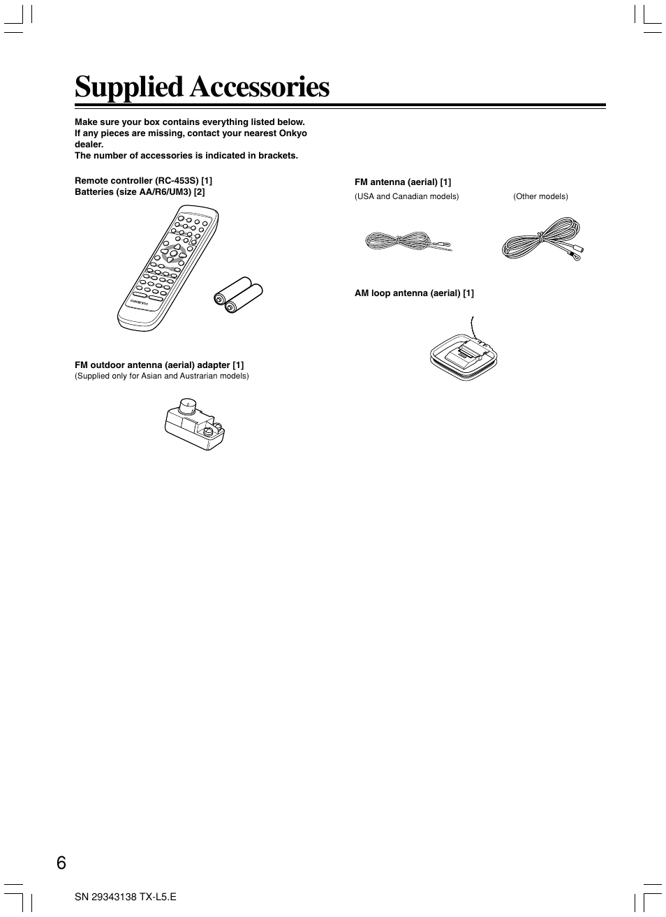 Supplied accessories | Onkyo TX-L5 User Manual | Page 6 / 40