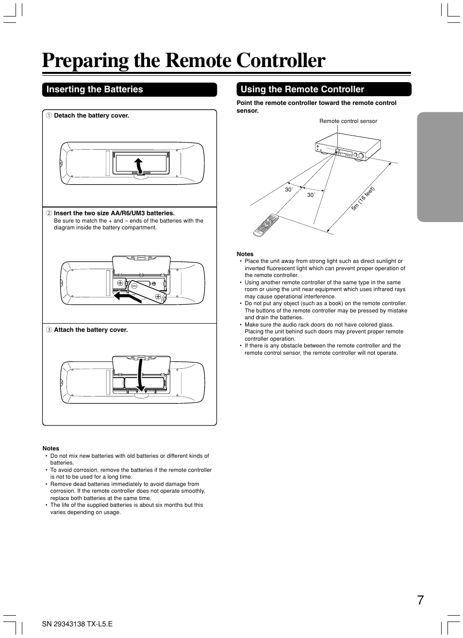 Preparing the remote controller, Inserting the batteries, Using the remote controller | Onkyo TX-L5 User Manual | Page 7 / 40