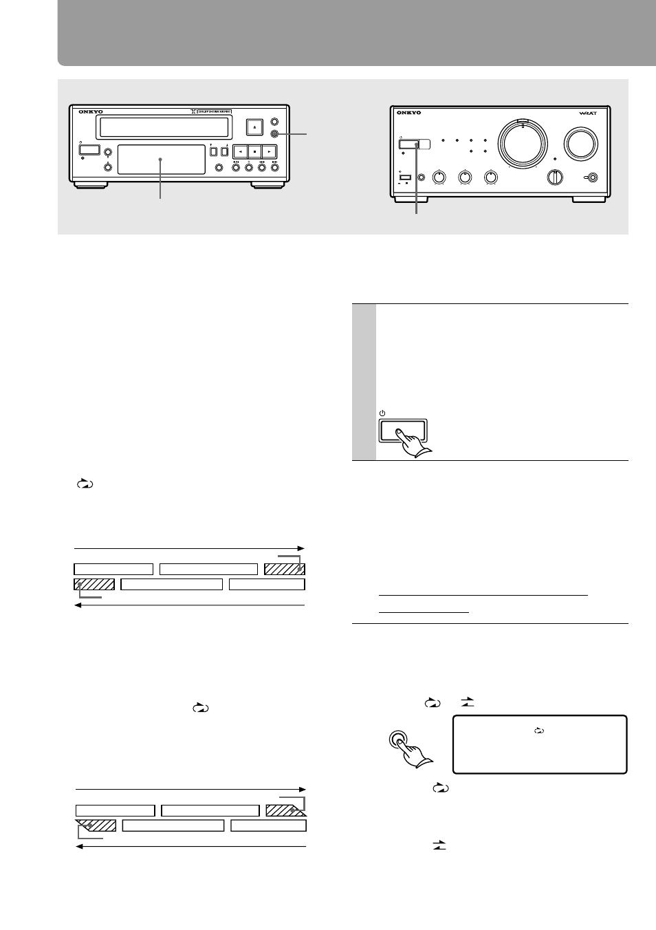 Cd dubbing with onkyo separate collection series, Album (album dubbing), Fade out (fade out dubbing) | Before starting, Press rev. mode to select the reverse mode, All the system components will be turned on, Rev. mode display standby/on, Recording direction, Will be erased, Will be faded out | Onkyo K-505TX User Manual | Page 16 / 28