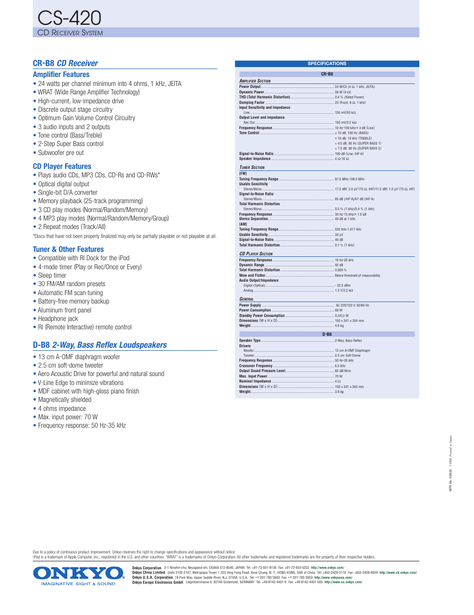 Cs-420, Cr-b8 cd receiver, D-b8 2-way, bass reflex loudspeakers | Cd r, Amplifier features, Cd player features, Tuner & other features | Onkyo CS-420 User Manual | Page 2 / 2