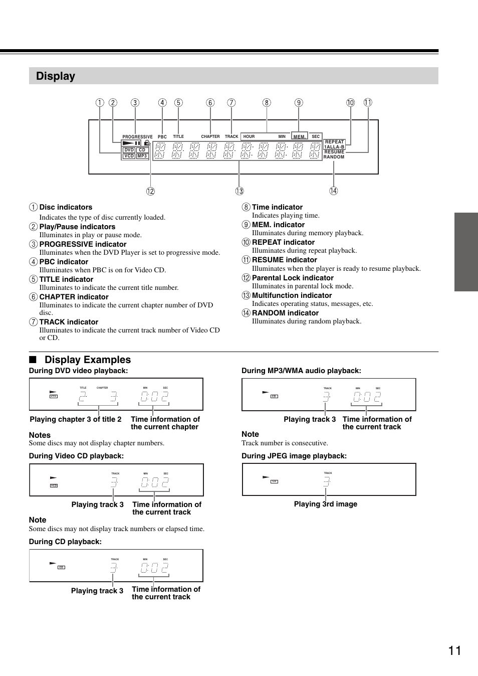 Display, Display examples | Onkyo DV-SP302 User Manual | Page 11 / 36