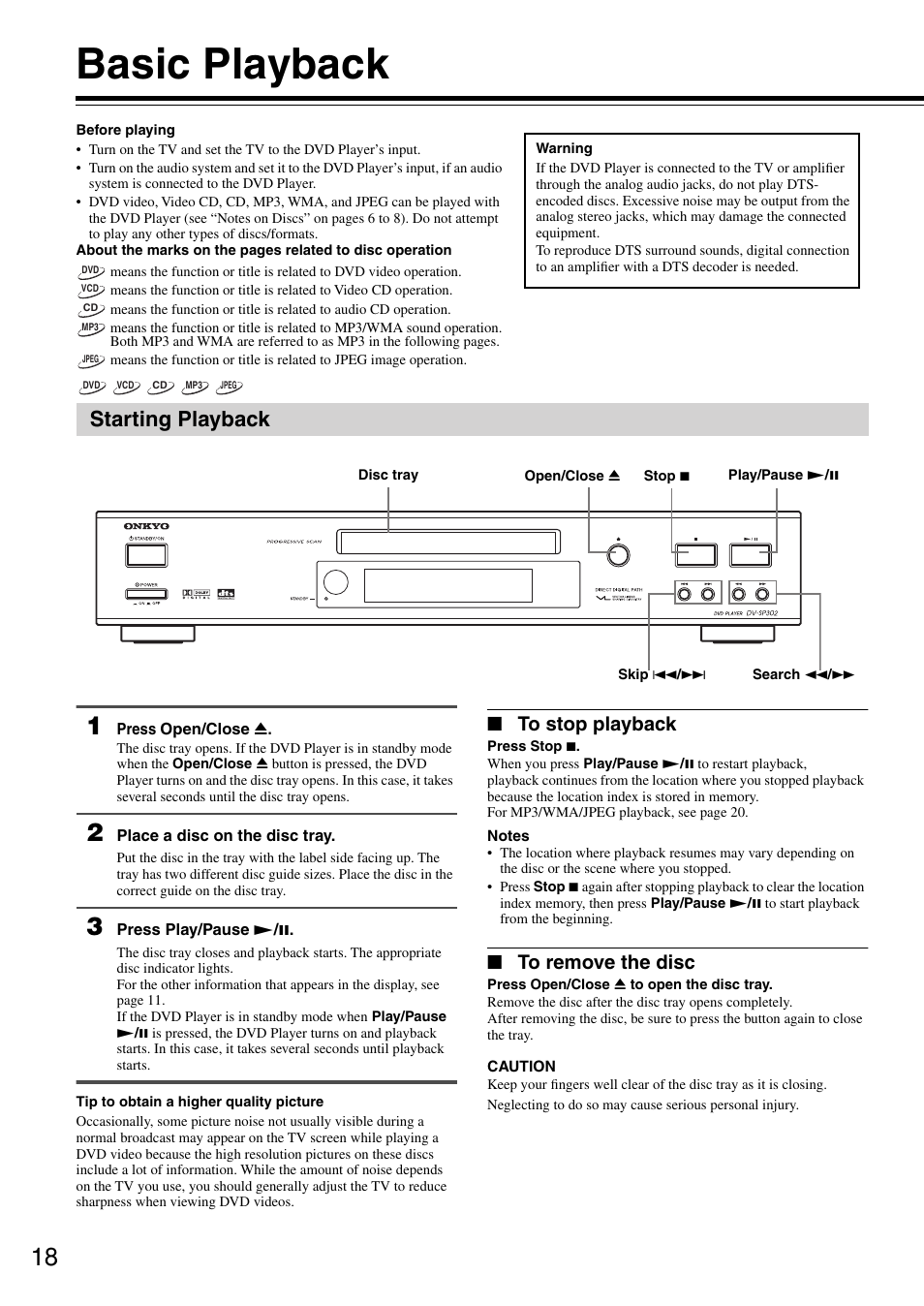 Basic playback, Starting playback | Onkyo DV-SP302 User Manual | Page 18 / 36