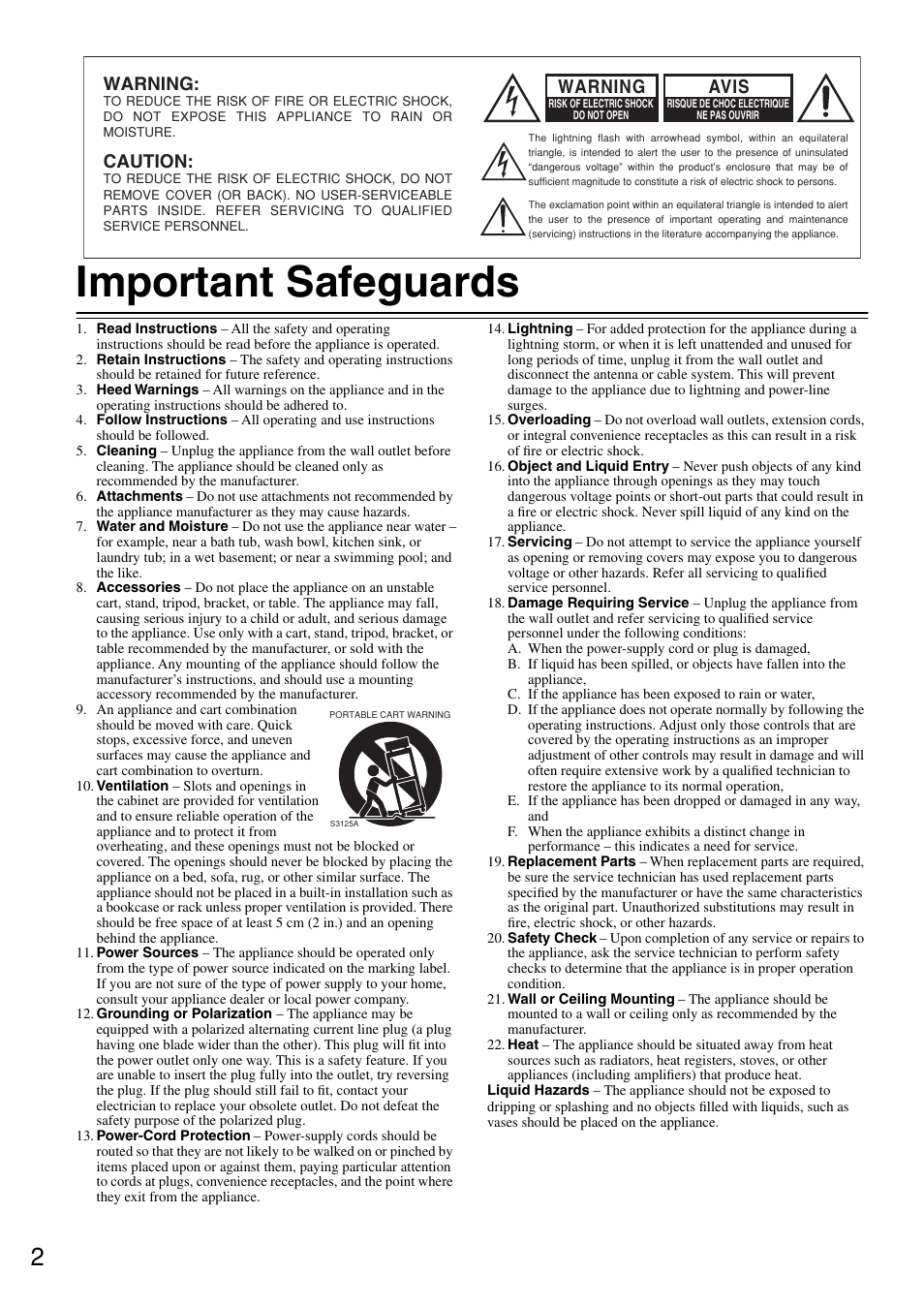 Important safeguards, Warning, Caution | Avis | Onkyo DV-SP302 User Manual | Page 2 / 36