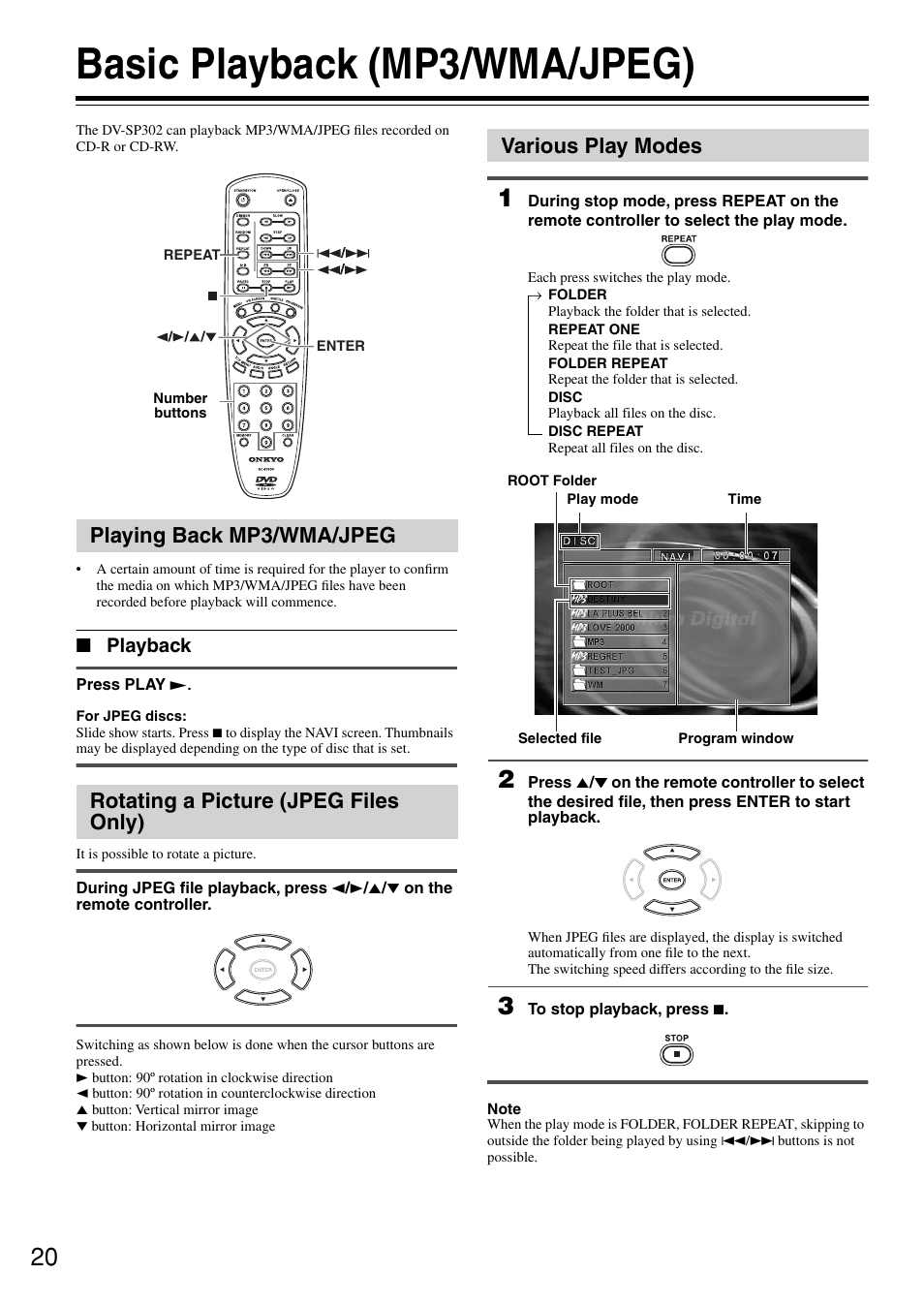 Basic playback (mp3/wma/jpeg), Various play modes, Playback | Onkyo DV-SP302 User Manual | Page 20 / 36